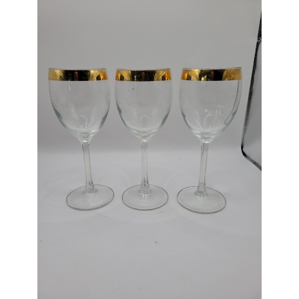 Vintage‎ Cellini Italian Blown Crystal Wine Glasses Stems 24K Gold Trim Set of 3